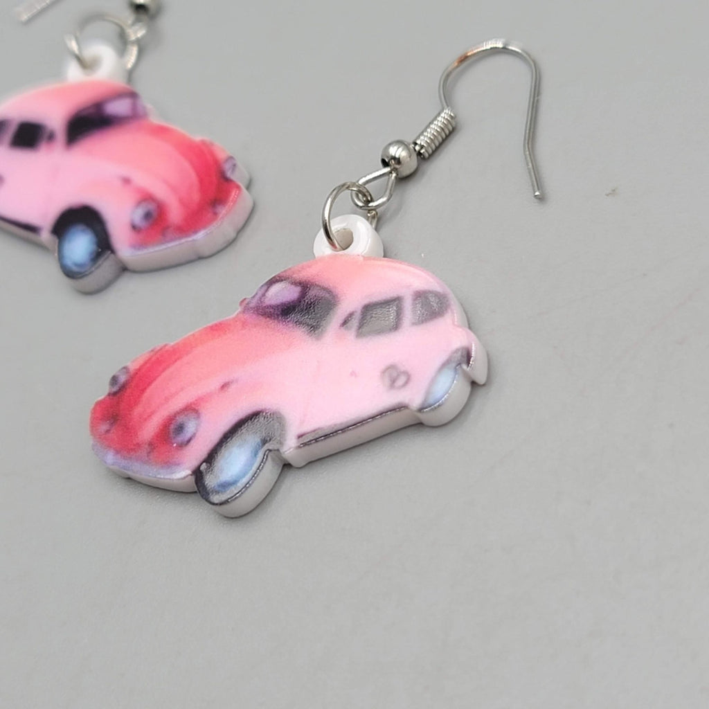 Pink Car Pierced Earrings Silver tone Dangle  1"