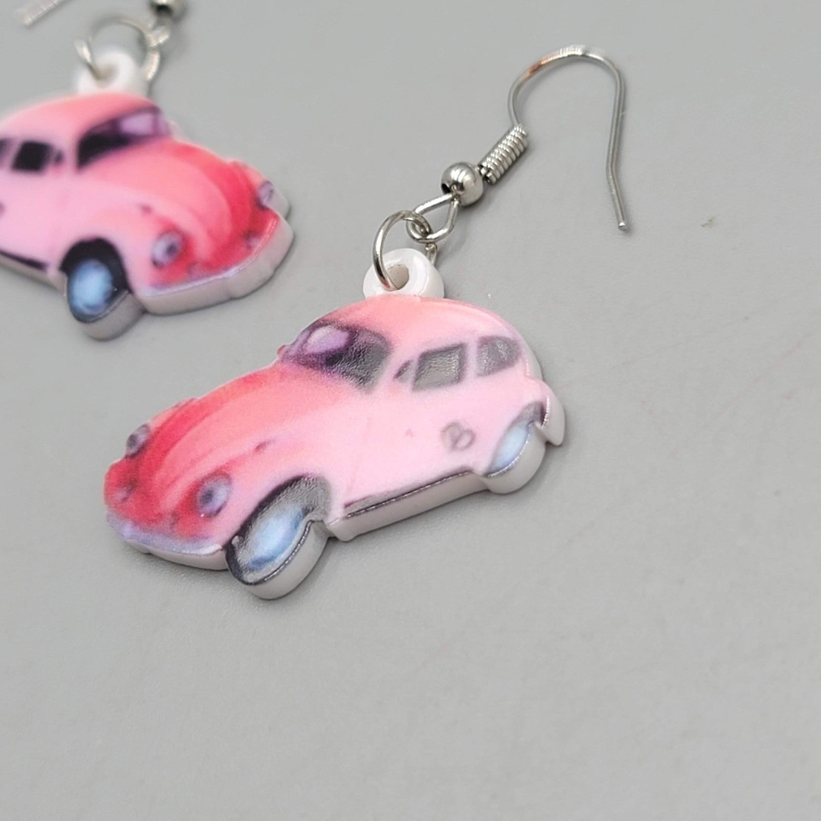 Pink Car Pierced Earrings Silver tone Dangle  1"