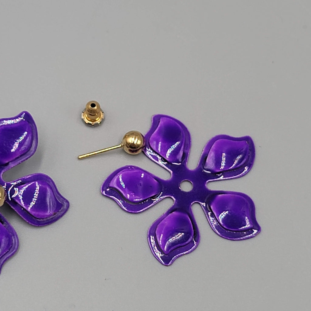 Purple Enamel Flower Jacket Pierced Earrings Gold tone Stud 1.25"