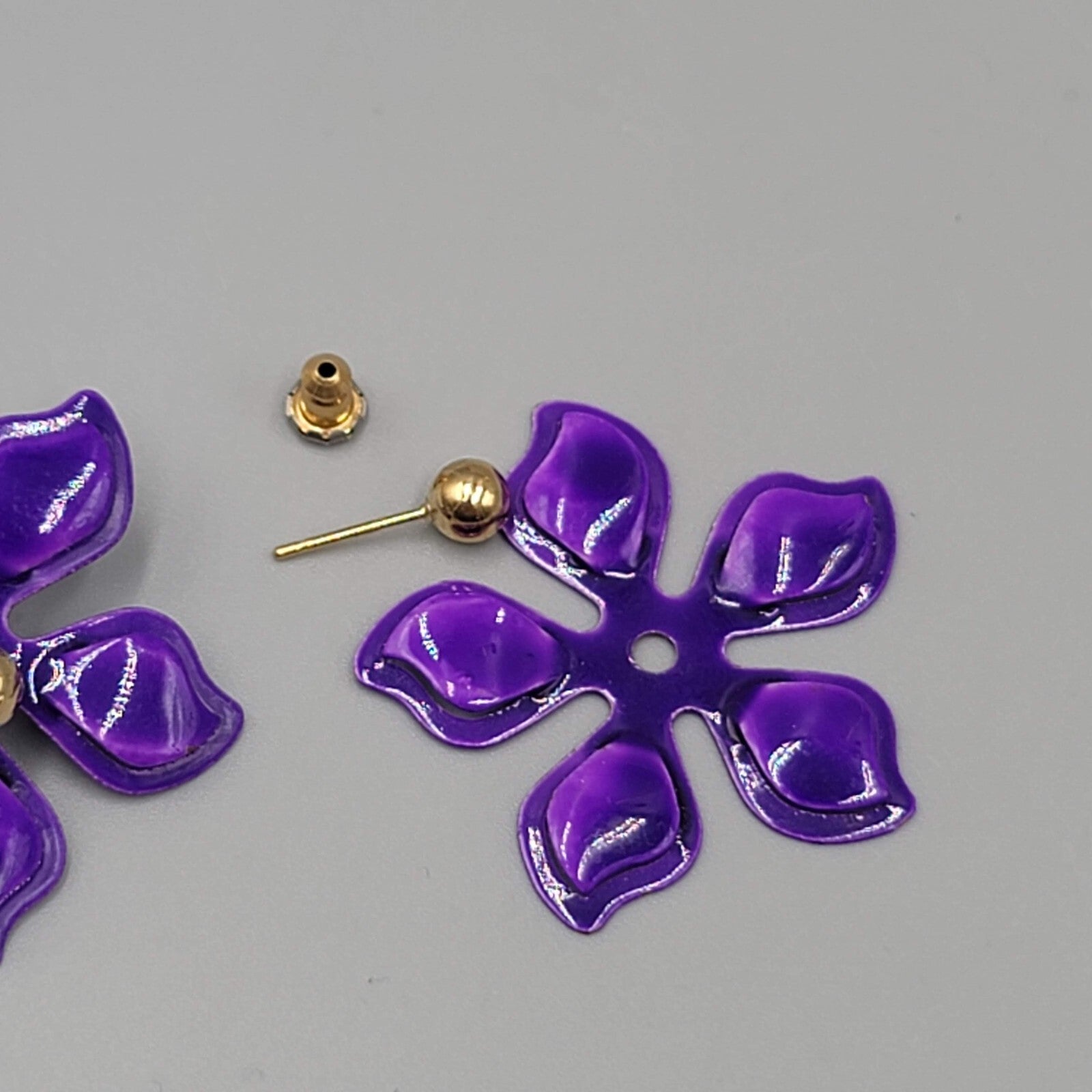 Purple Enamel Flower Jacket Pierced Earrings Gold tone Stud 1.25"