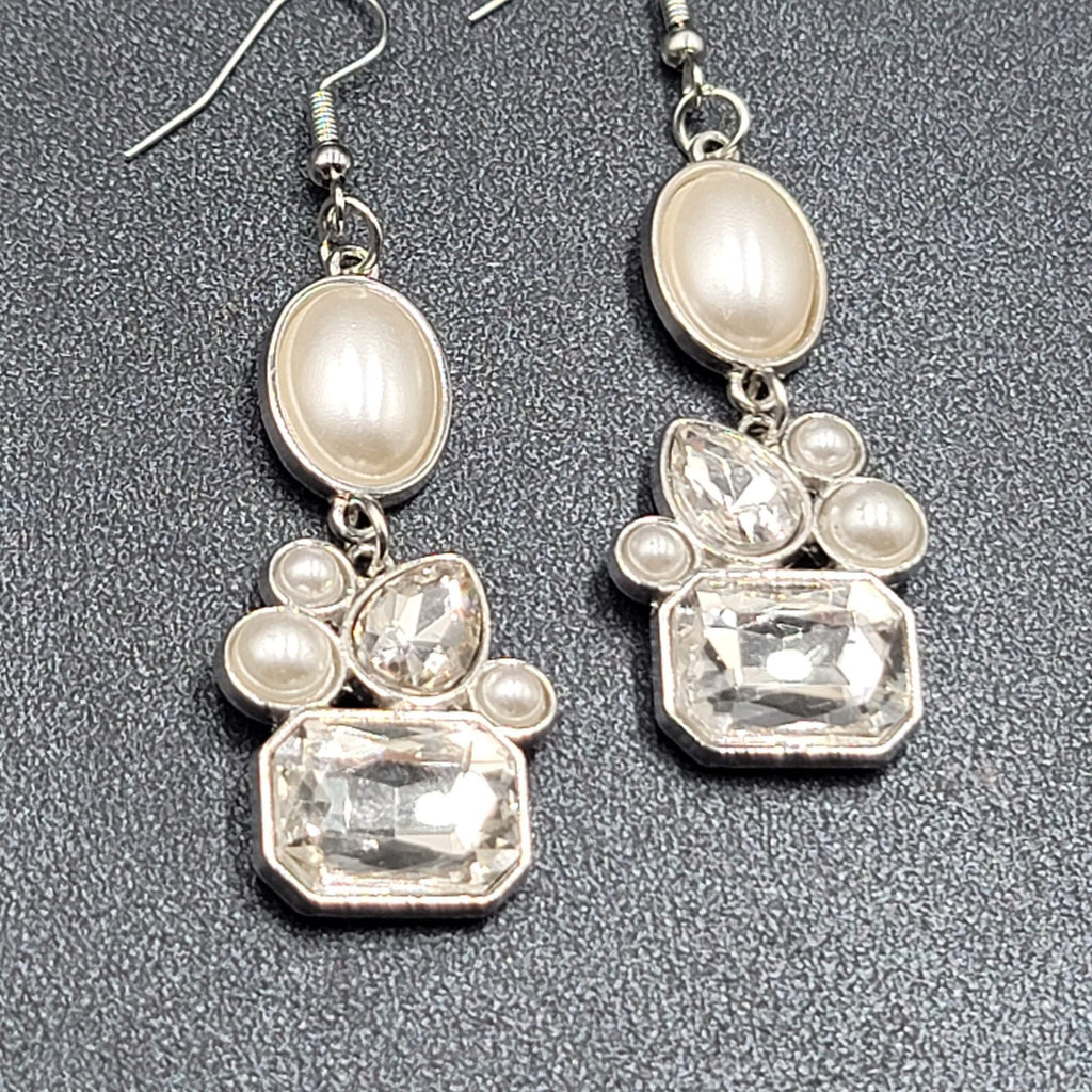 Pierced Earrings Silver Plated Faux Pearl Glass Accents Dangle 1.75"