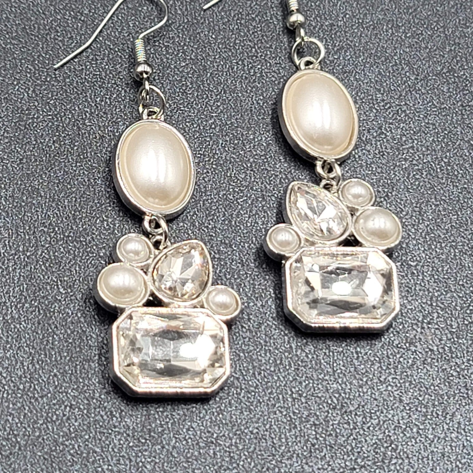 Pierced Earrings Silver Plated Faux Pearl Glass Accents Dangle 1.75"