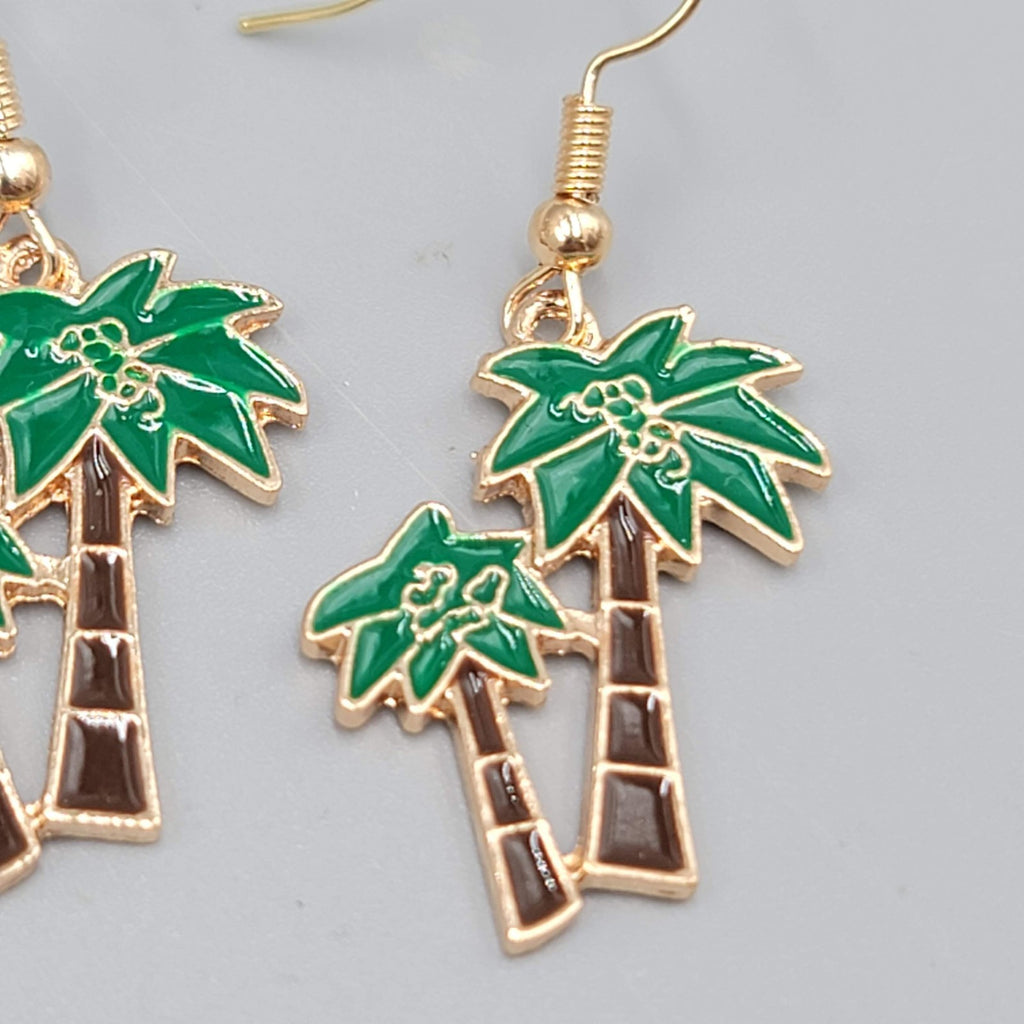 Enamel Double Palm Tree Pierced Earrings Gold tone Dangle 1"