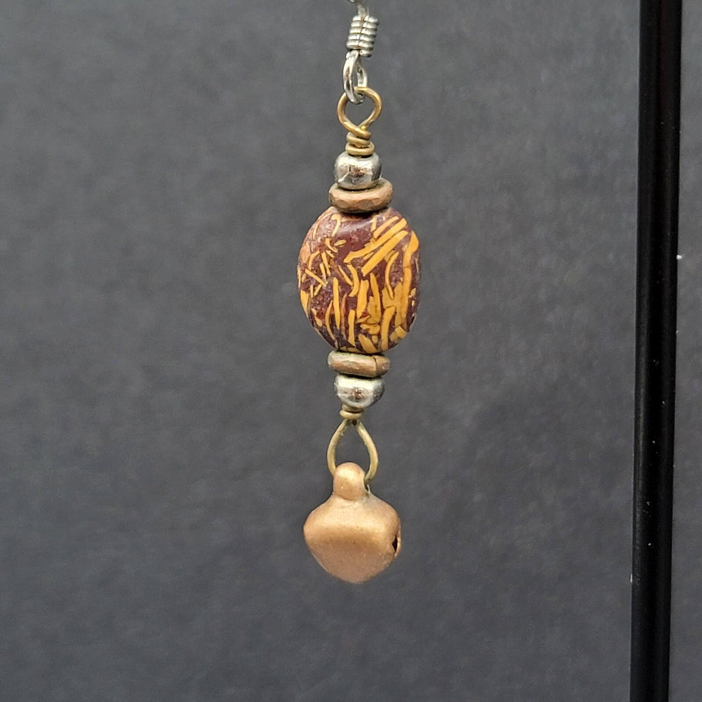 Pierced Earrings Brown Bead Copper Bell Dangle 1.25"