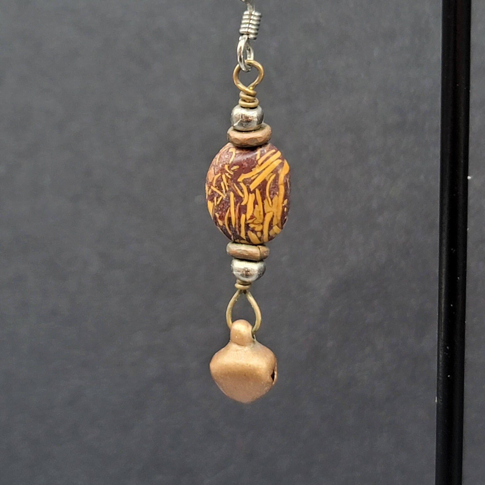Pierced Earrings Brown Bead Copper Bell Dangle 1.25"