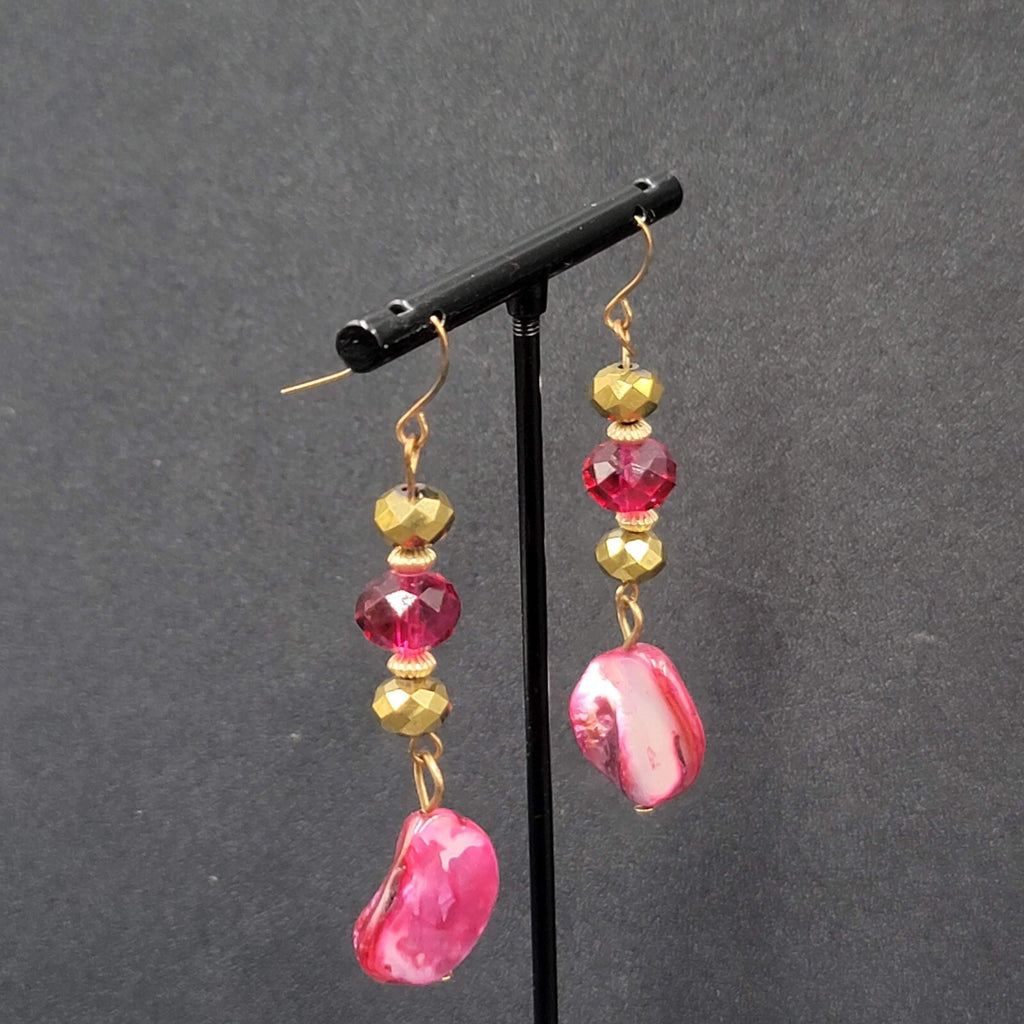 Pierced Earrings Gold tone Pink Beads Dyed Shell Dangle 2 1/8"