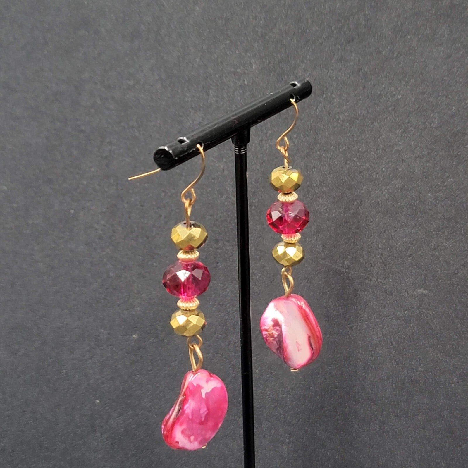 Pierced Earrings Gold tone Pink Beads Dyed Shell Dangle 2 1/8"