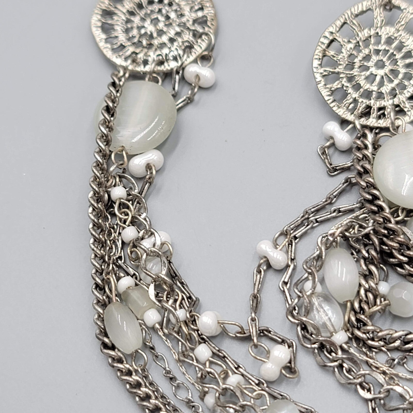 Multi Chain Necklace Silver tone White Cats Eye Bead 28"