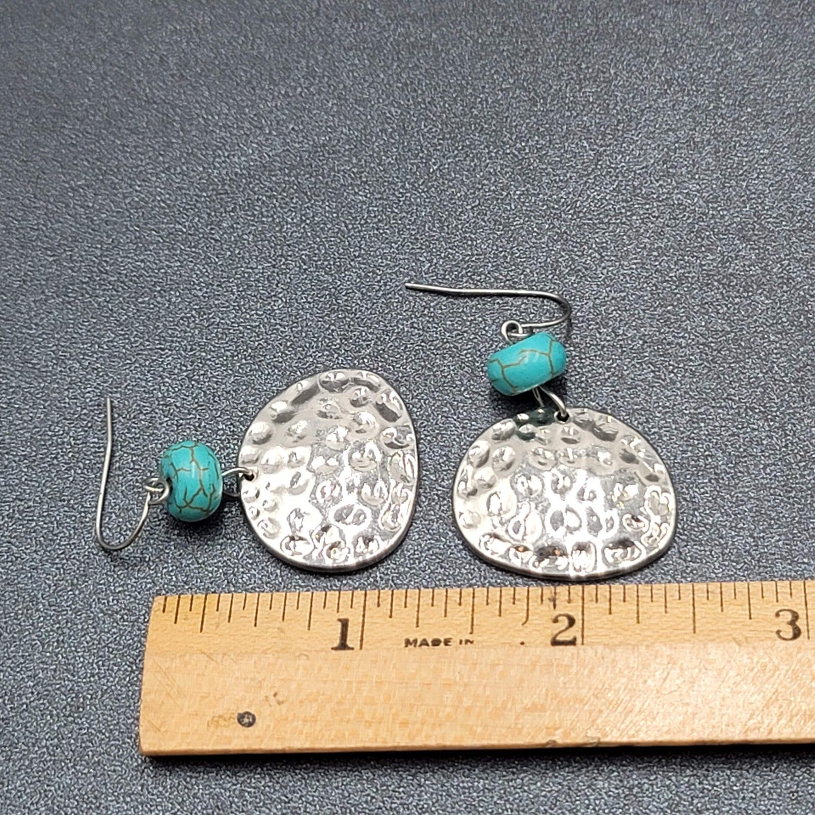 Pierced Earrings Hammered Silver tone Blue Howlite Stone Dangle  1.25"