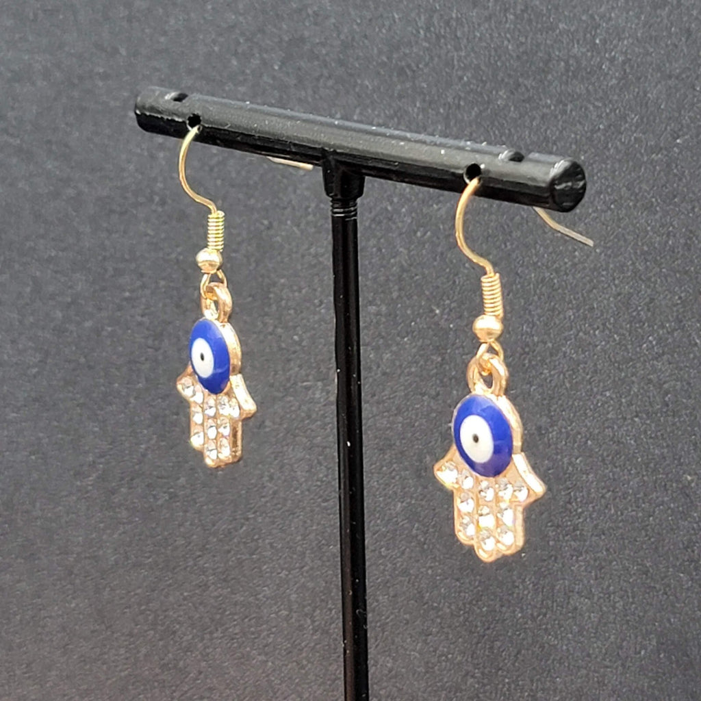 Hamsa Evil Eye Pierced Earrings Gold tone Enamel Rhinestone Dangle 7/8" New