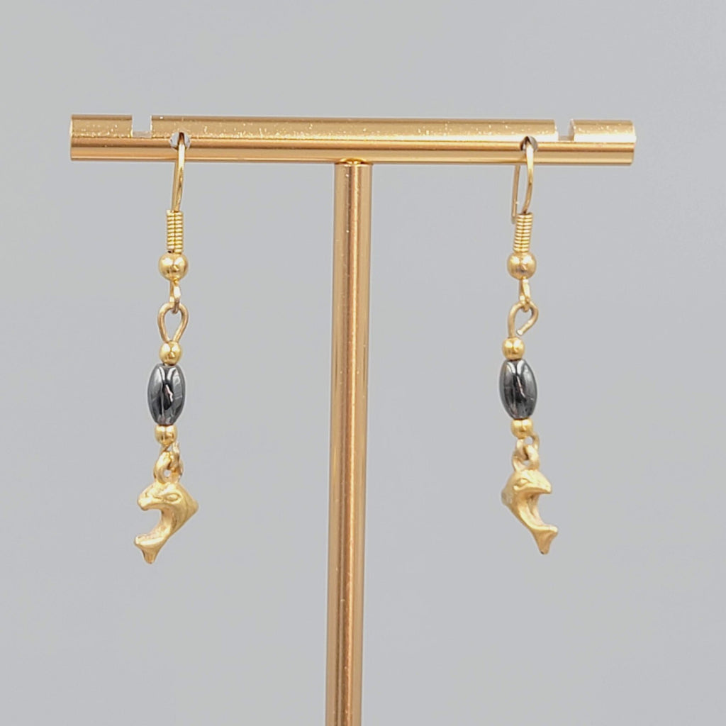 Vintage Dolphin Pierced Earrings Gold tone Hematite Stone Dangle 1 1/8"