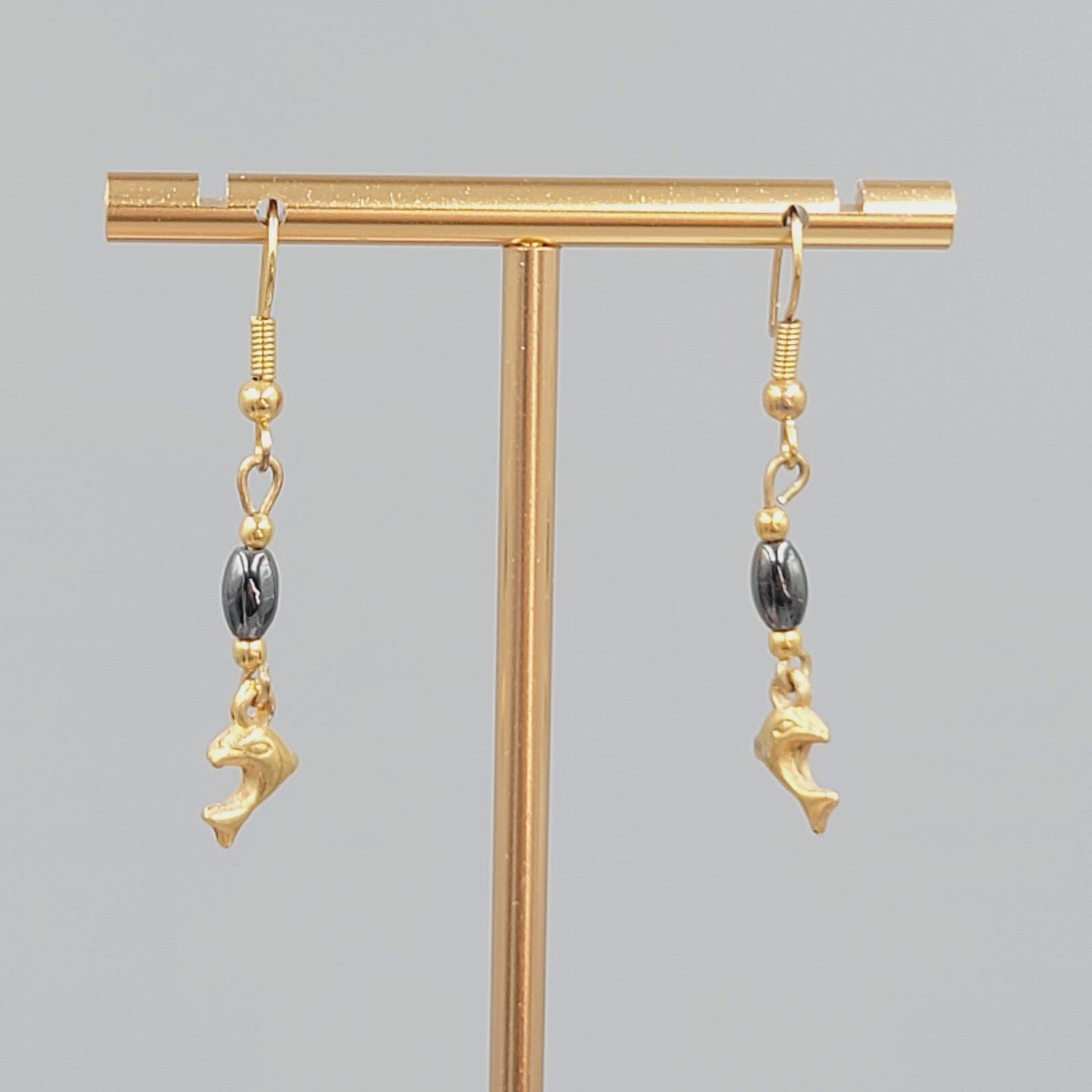 Vintage Dolphin Pierced Earrings Gold tone Hematite Stone Dangle 1 1/8"