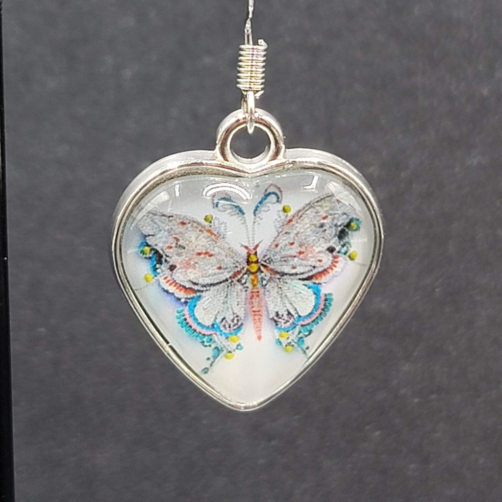 Butterfly Heart Pierced Earrings Silver tone Dangle Glass Cover 1"