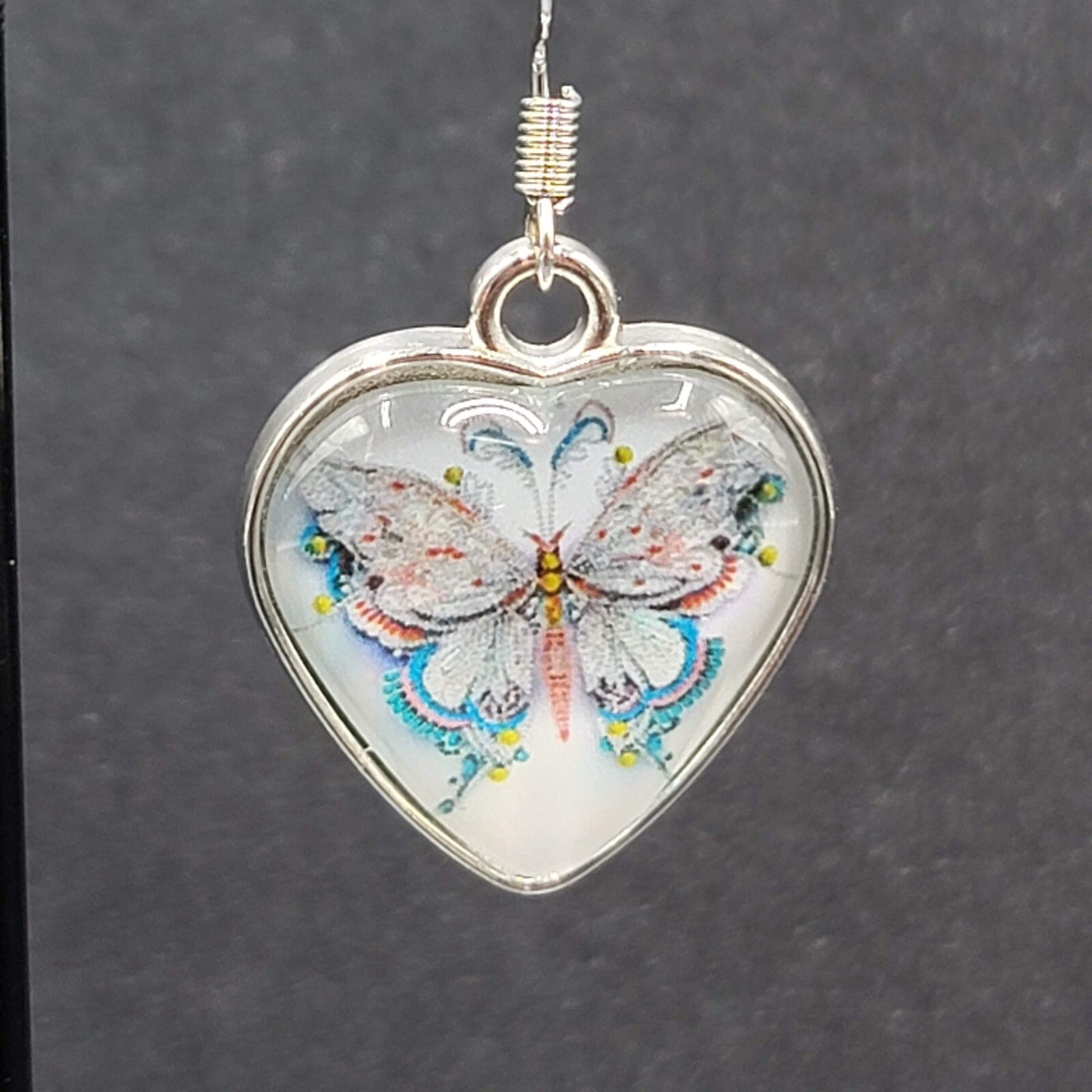 Butterfly Heart Pierced Earrings Silver tone Dangle Glass Cover 1"