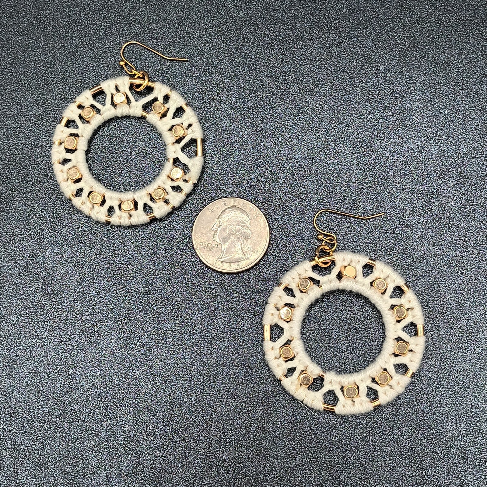 Pierced Earrings Gold tone Dangle Hoops White String Accents  Boho 2"