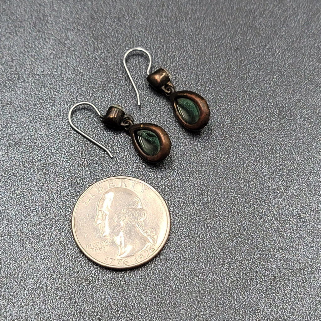 Pierced Earrings Bronze tone Green Faceted Teardrop Stone 3/4"