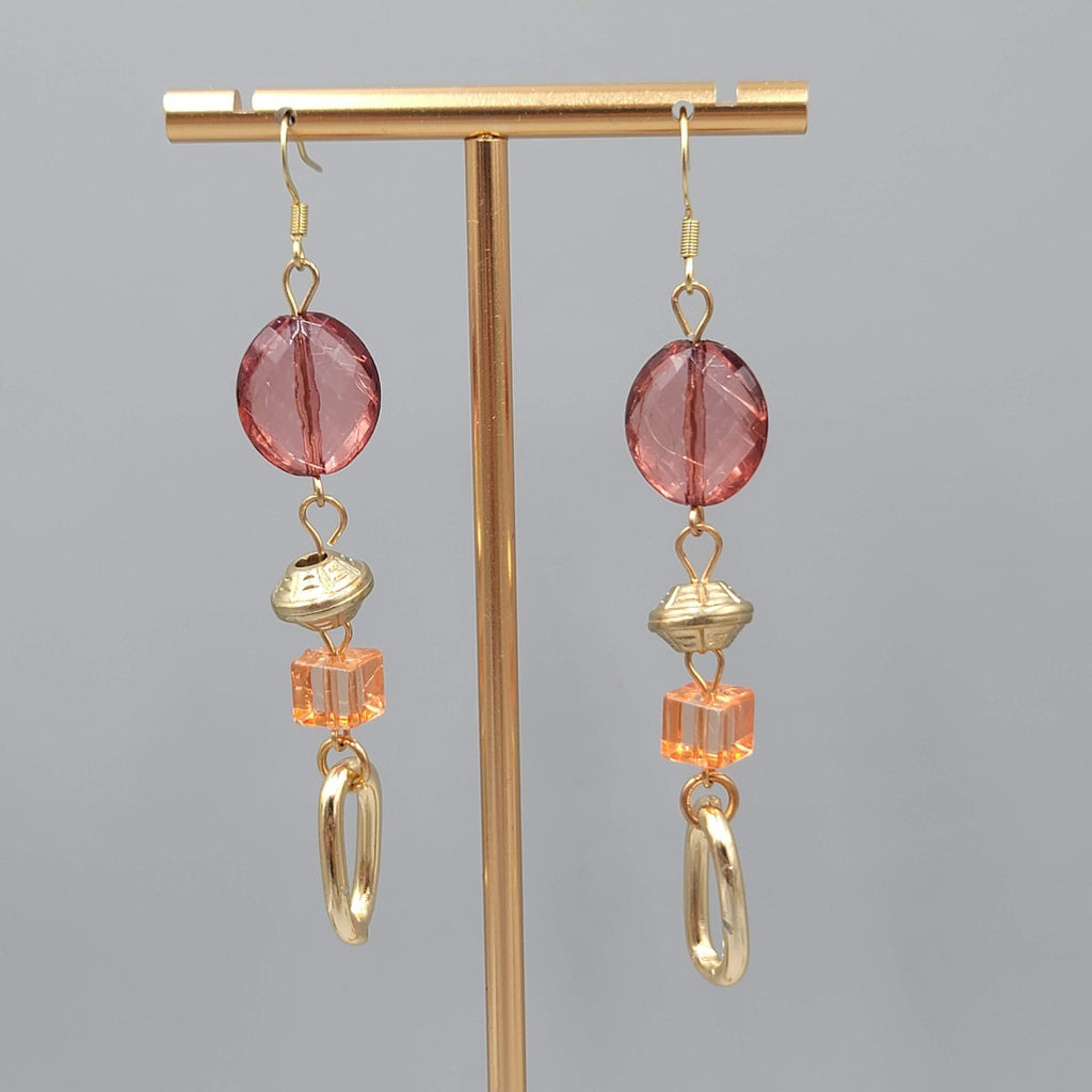 Beaded Purple Orange Pierced Earrings Gold tone Dangle Long 2.75 in