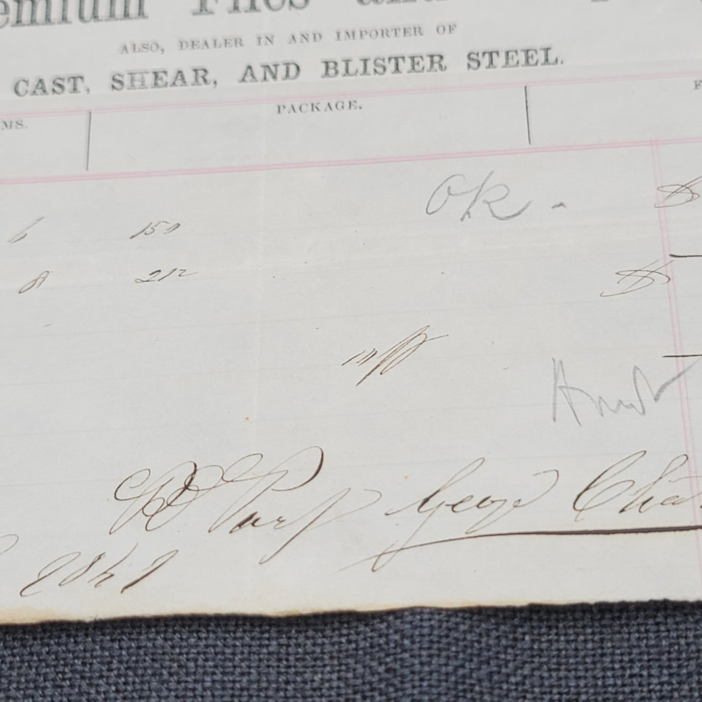 1861 Receipt for tools Geo Chatterton Files Rasps Rhode Island USA Antique