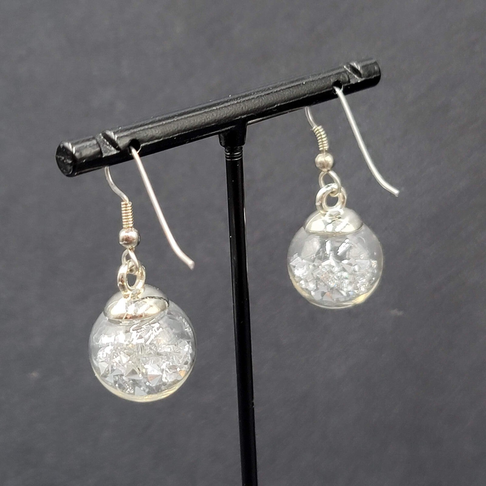 Pierced Earrings Silver tone Loose Silver Rhinestones Filled Sphere Dangle 3/4"