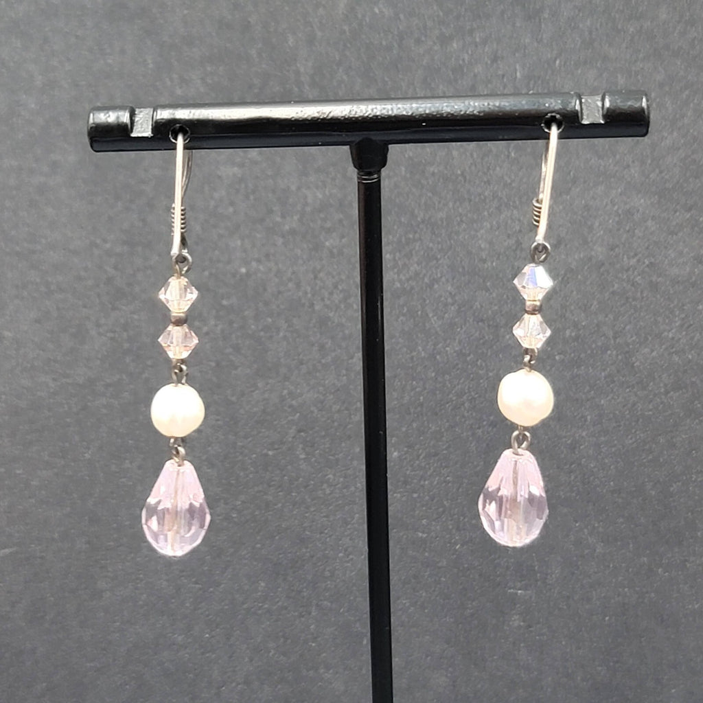 Pierced Earrings Silver tone Pink Crystal Teardrop Bead Pearl Bead 1 3/8"