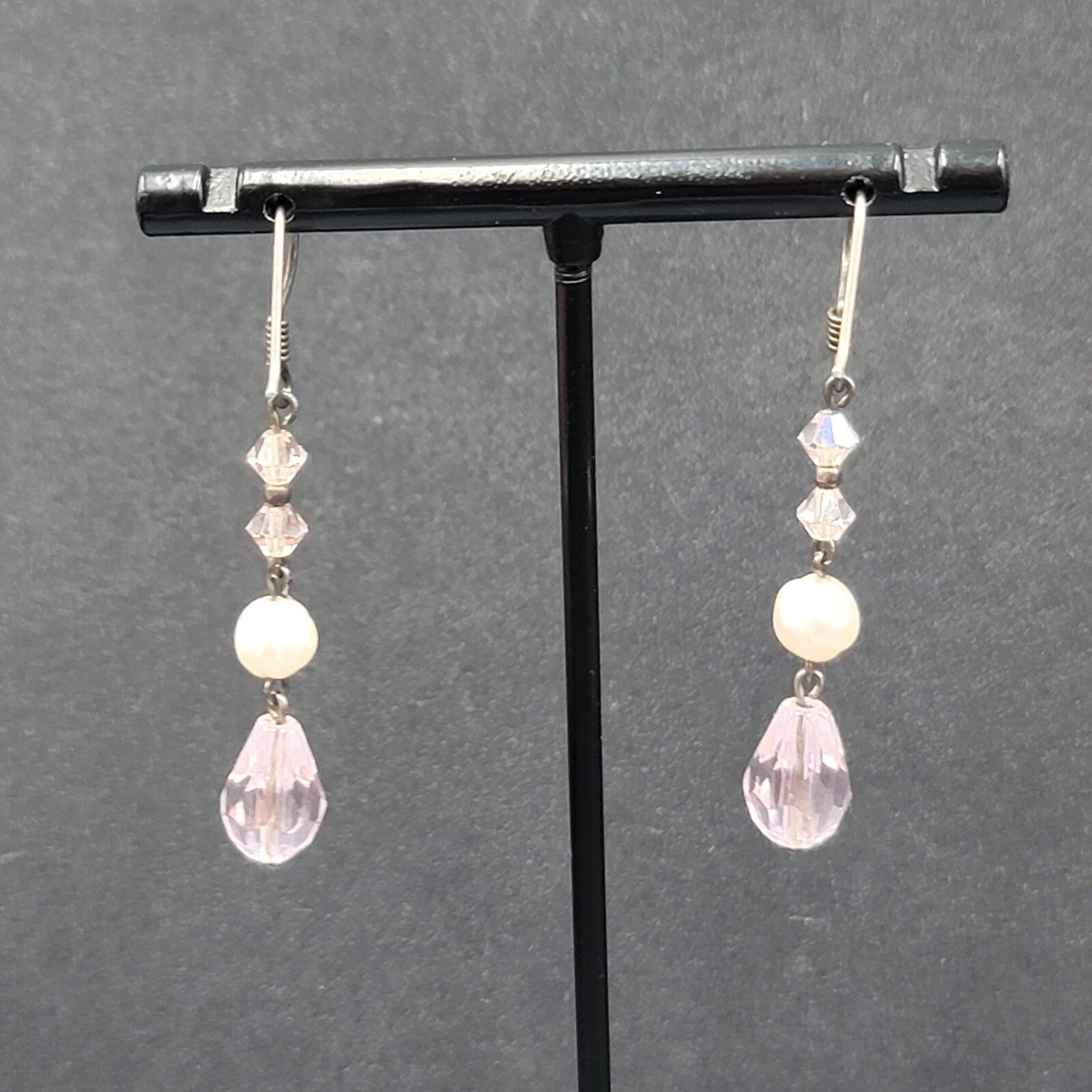 Pierced Earrings Silver tone Pink Crystal Teardrop Bead Pearl Bead 1 3/8"