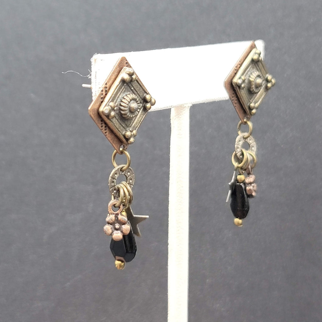 Pierced Earrings Copper and Silver tone Star Black Beads Layered Dangle 2"