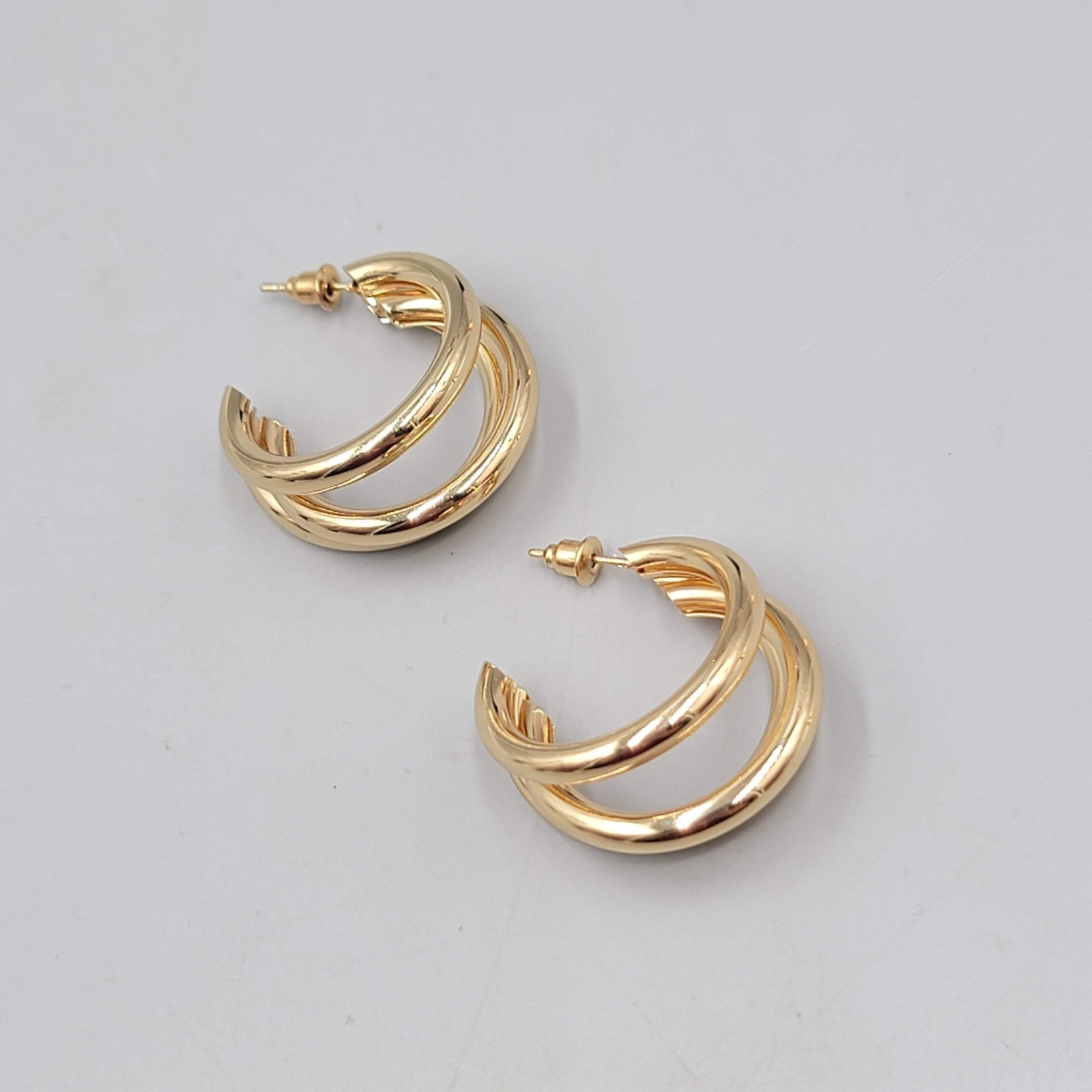 Triple Hoops Pierced Earrings Gold tone Drop 1 1/8 in