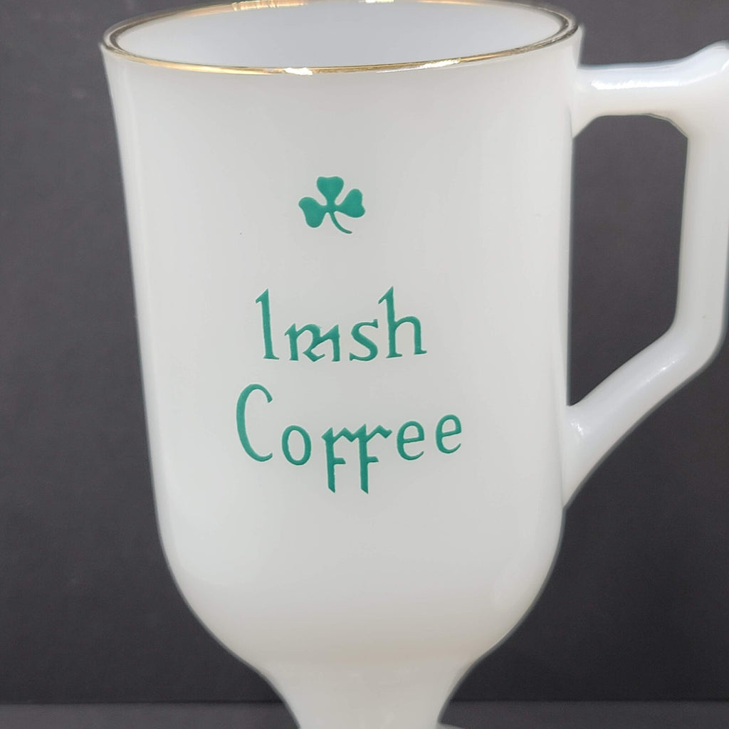 Irish Coffee Milk Glass Pedestal Cup Mugs White Green Barware Set Of 2!