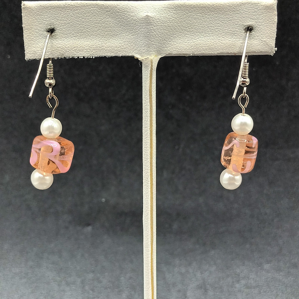Pierced Earrings Silver tone Pink Art Glass Faux Pearl Asymmetrical Dangle 1"
