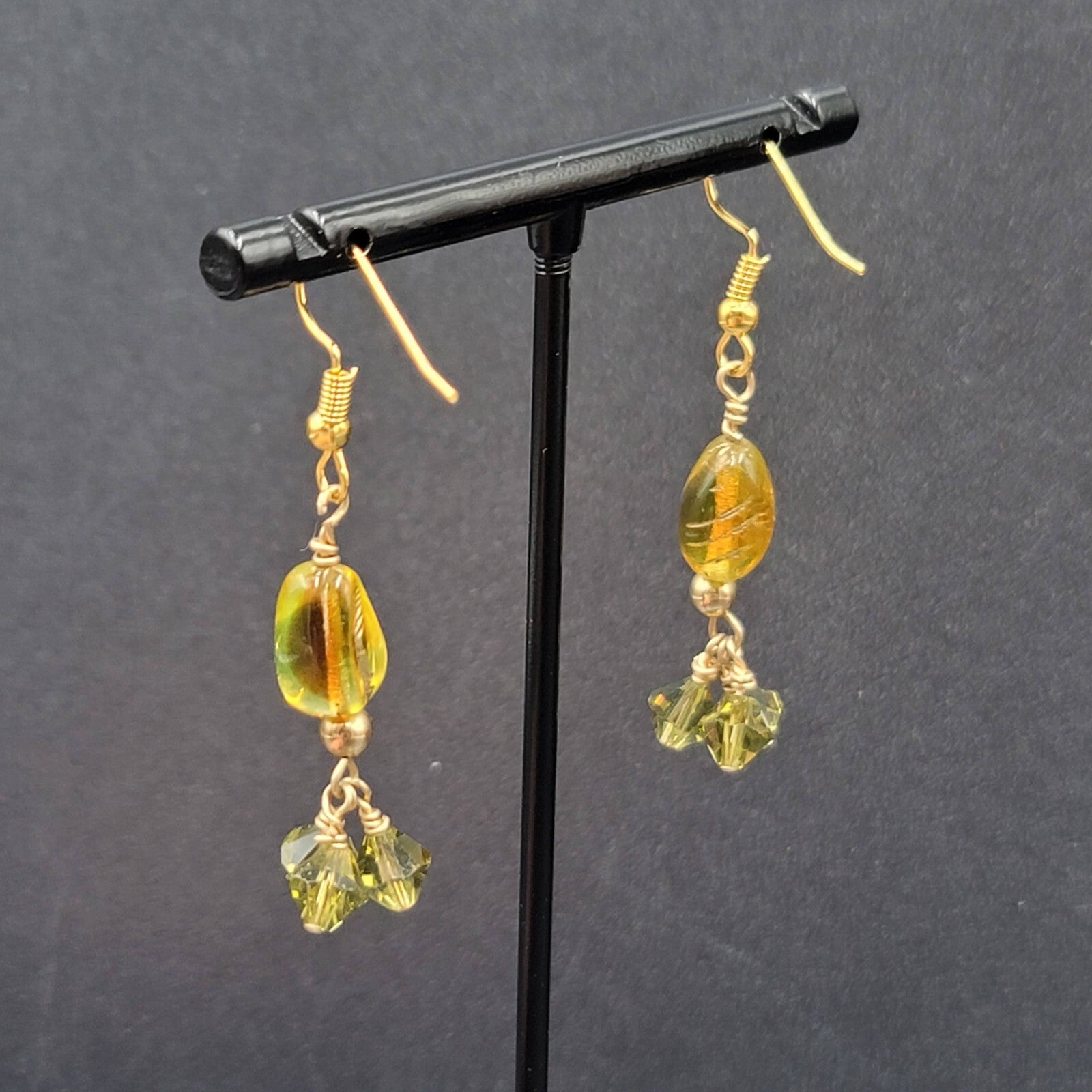 Pierced Earrings Gold tone Art Glass and Green Crystal Beads 1.25"
