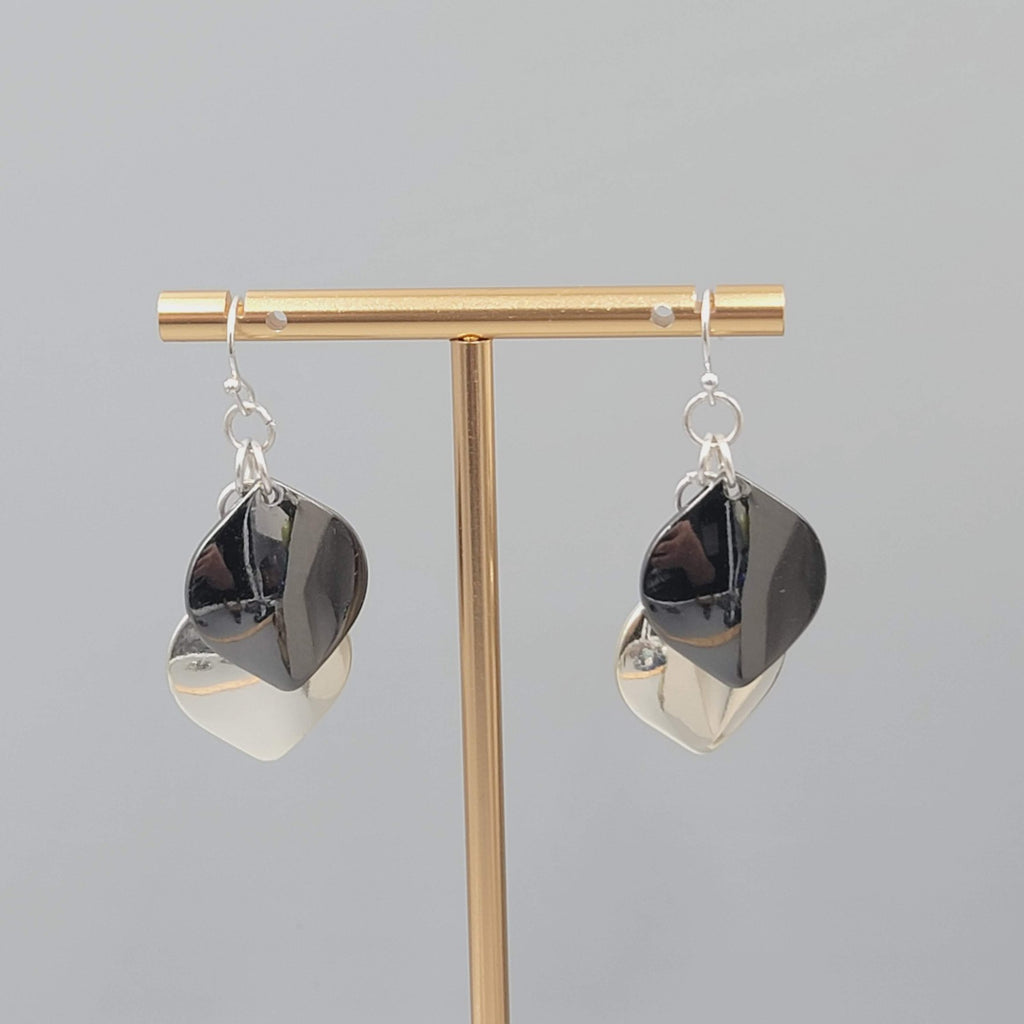 Pierced Earrings Gunmetal and Silver tone Layered Dangle 1.5"