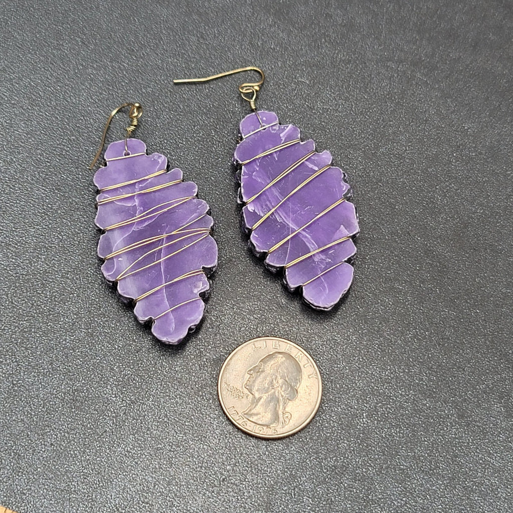 Artisan Pierced Earrings Wire Wrapped Purple Stone Dangle 2"