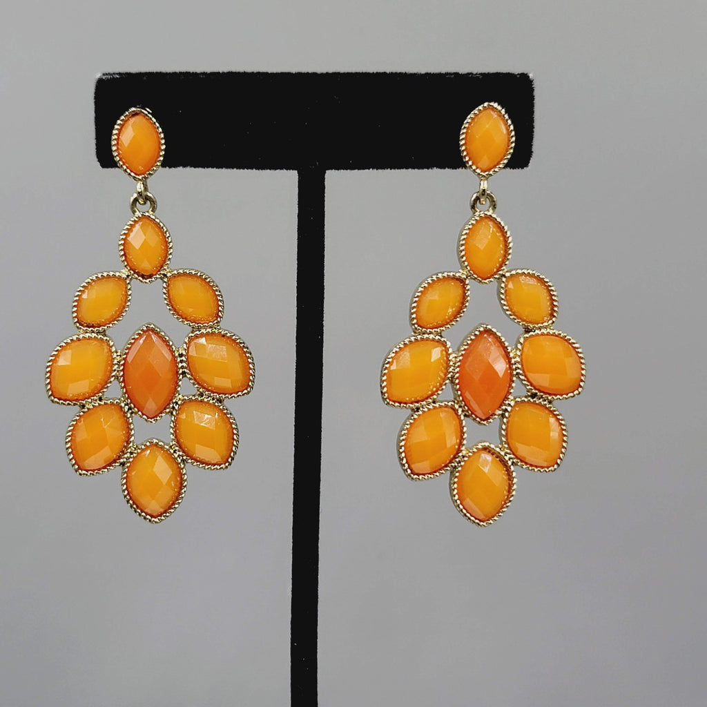 Statement Dangle Pierced Earrings Gold Tone Faceted Orange Bold Costume 2.5"