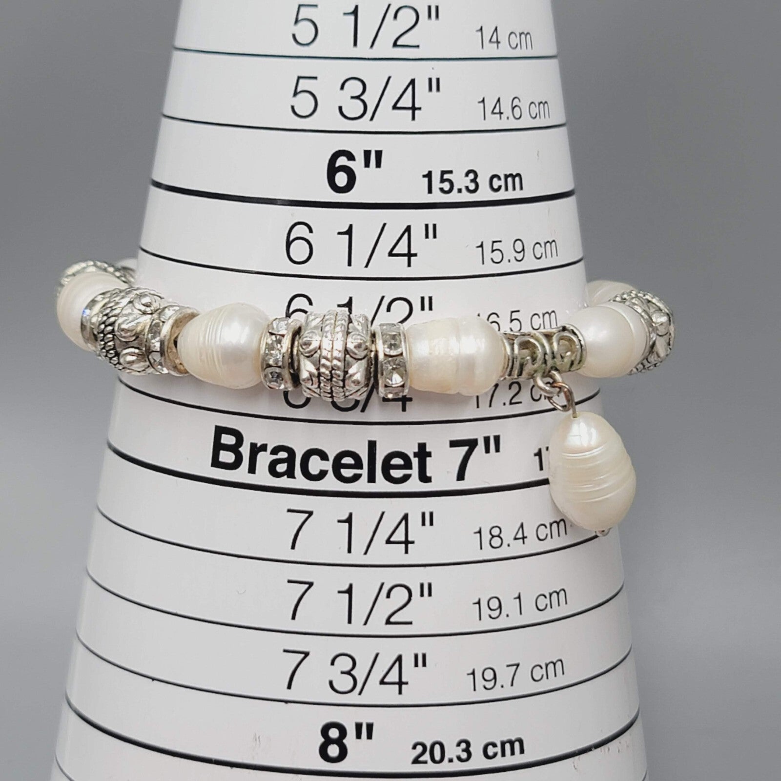 Pearl Bracelet Silver tone Crystal Rhinestone Elastic 6.5"