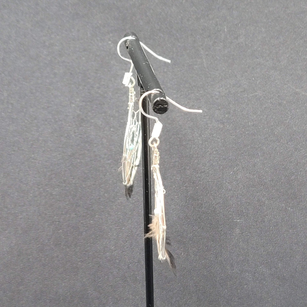 Vintage Pierced Earrings Silver tone Dreamcatcher Real Feather  1.5"