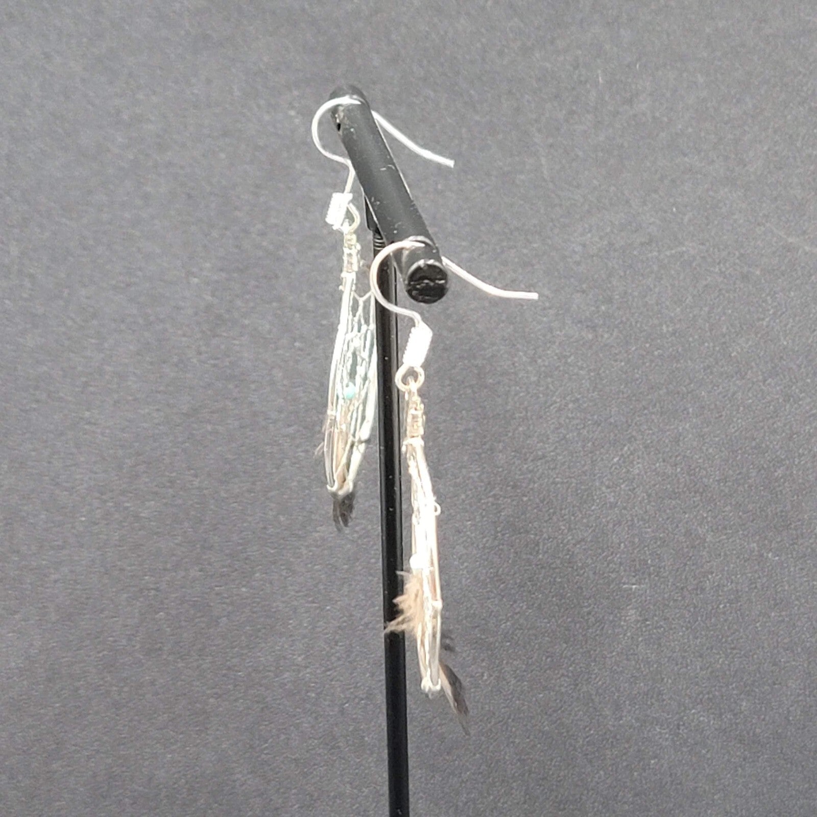 Vintage Pierced Earrings Silver tone Dreamcatcher Real Feather  1.5"