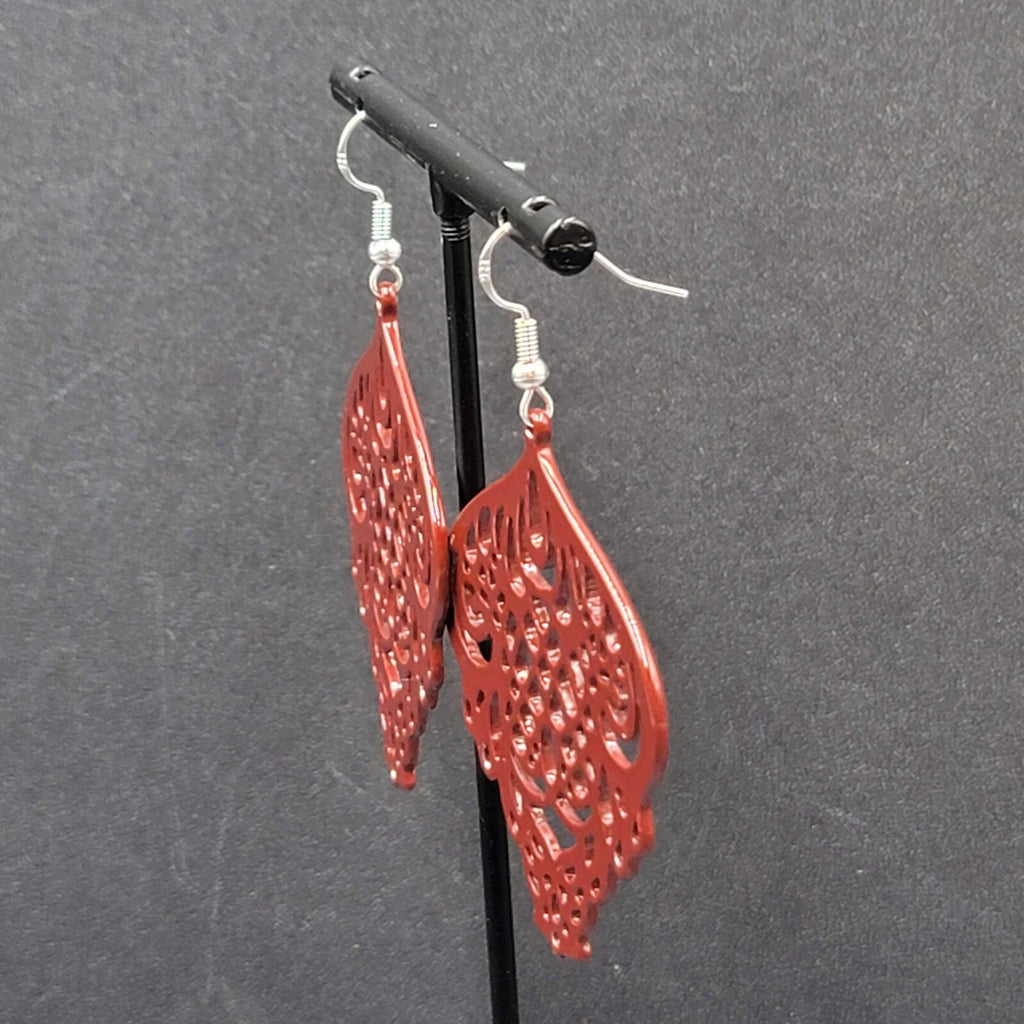 Pierced Earrings Burgandy Red Enamel over Metal Open work 2"