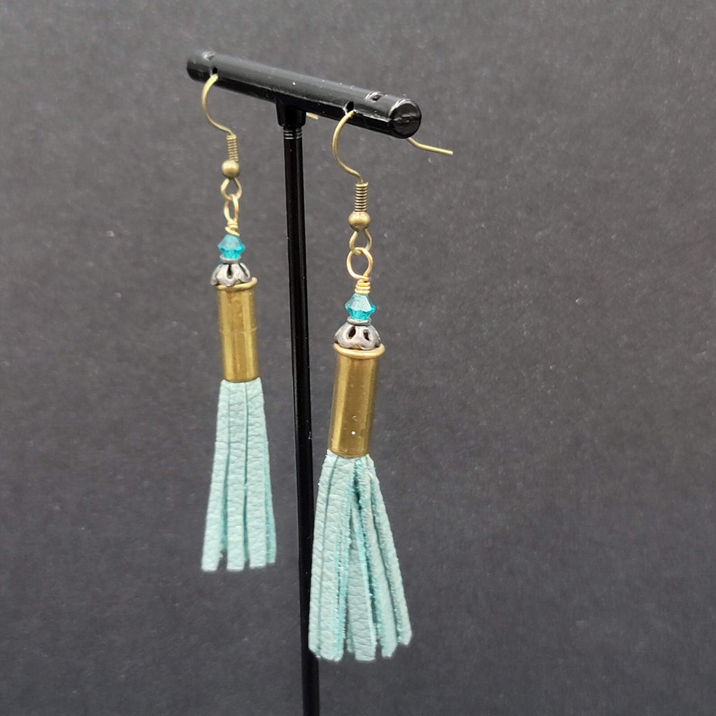 Pierced Earrings Bronze tone Blue Bead Tassel Dangle Boho 2.25"