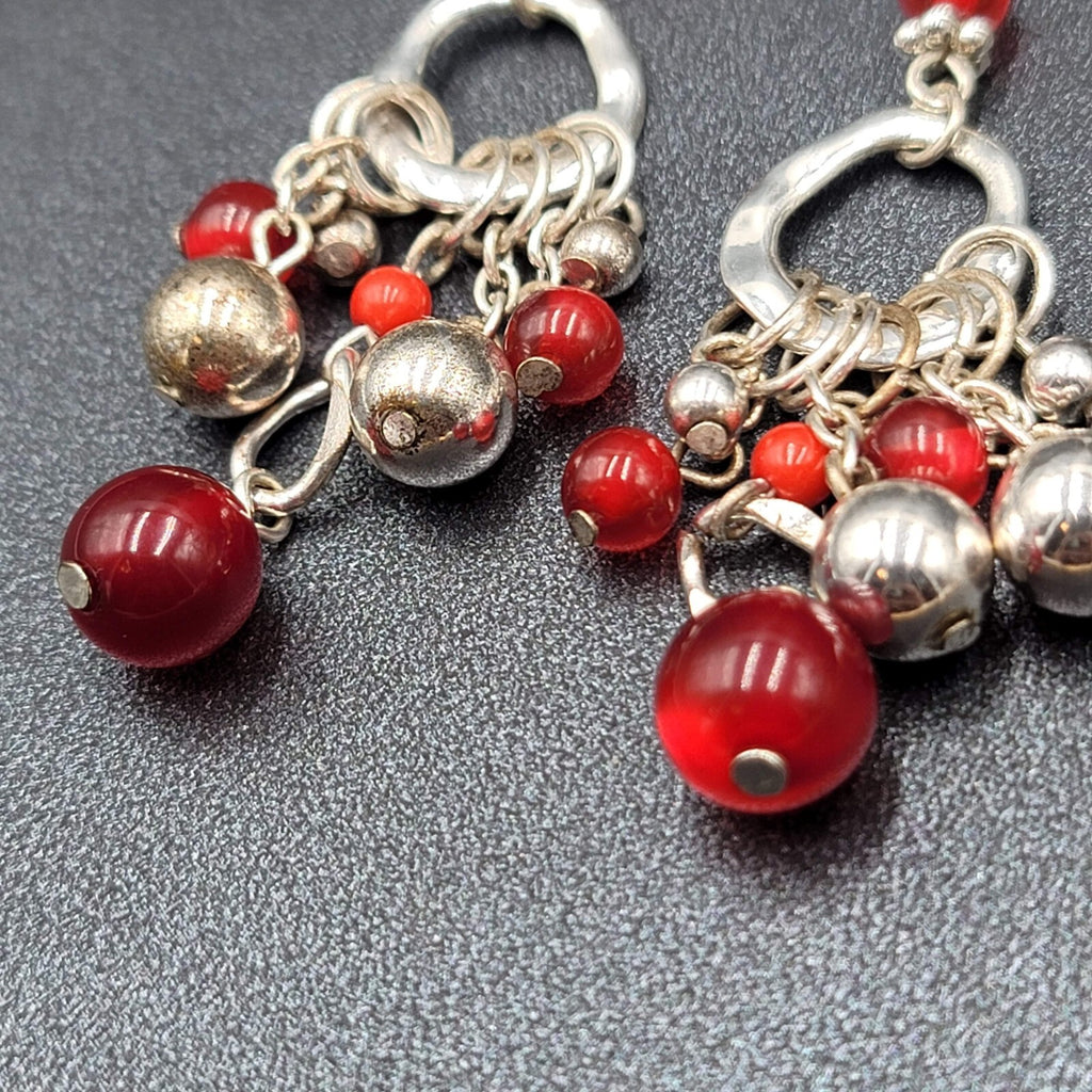Pierced Earrings Silver tone Moonglow Red Beads Dangle 2.5"