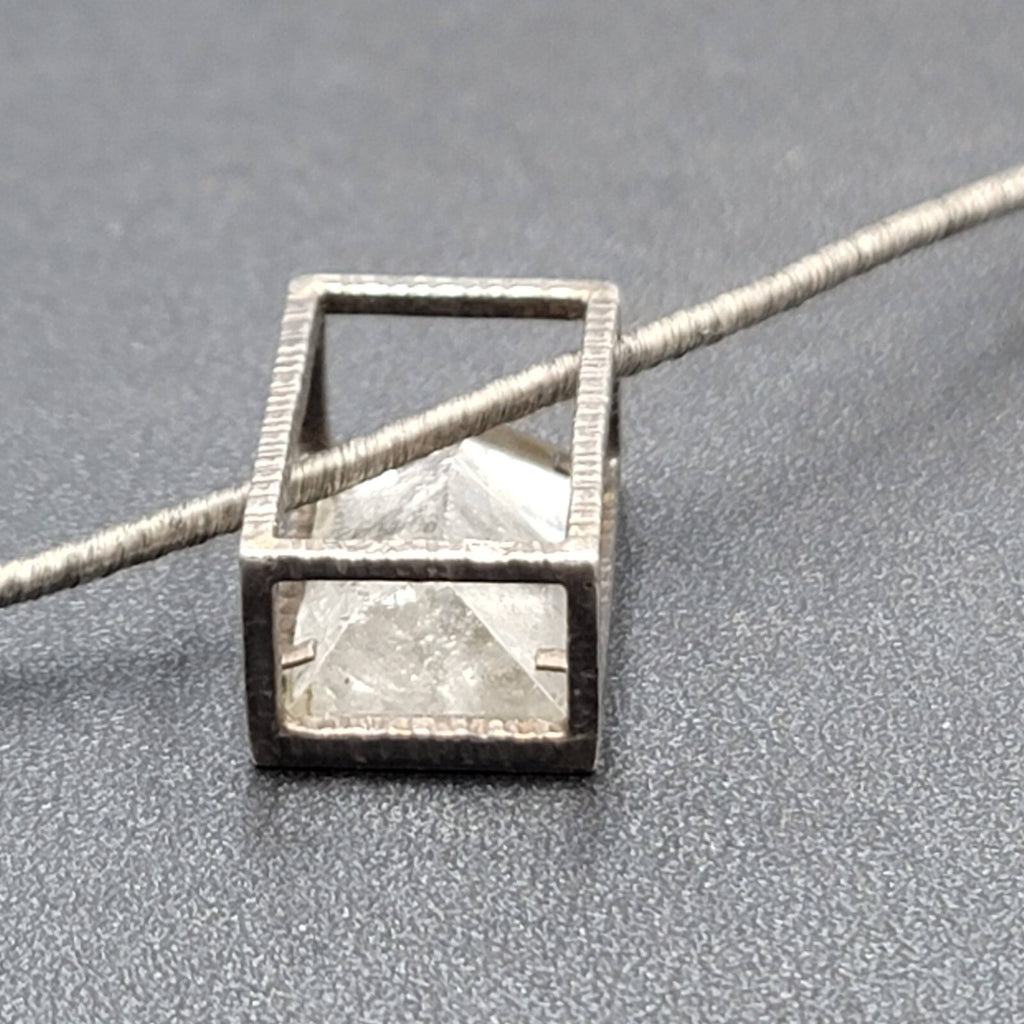Quartz Crystal Necklace Unique Silver tone Caged Pendant Modernist Look 16.25"