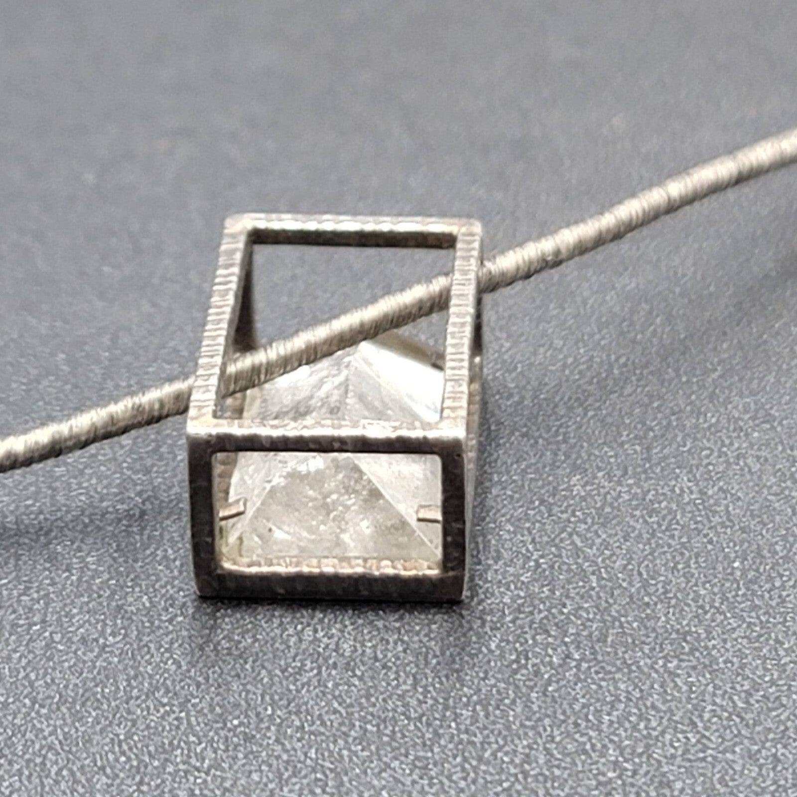 Quartz Crystal Necklace Unique Silver tone Caged Pendant Modernist Look 16.25"
