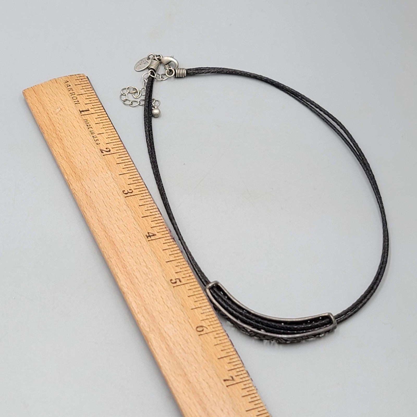 lia sophia Necklace Black Leather Part Pendant Crystal Flowers Pewter 18 in