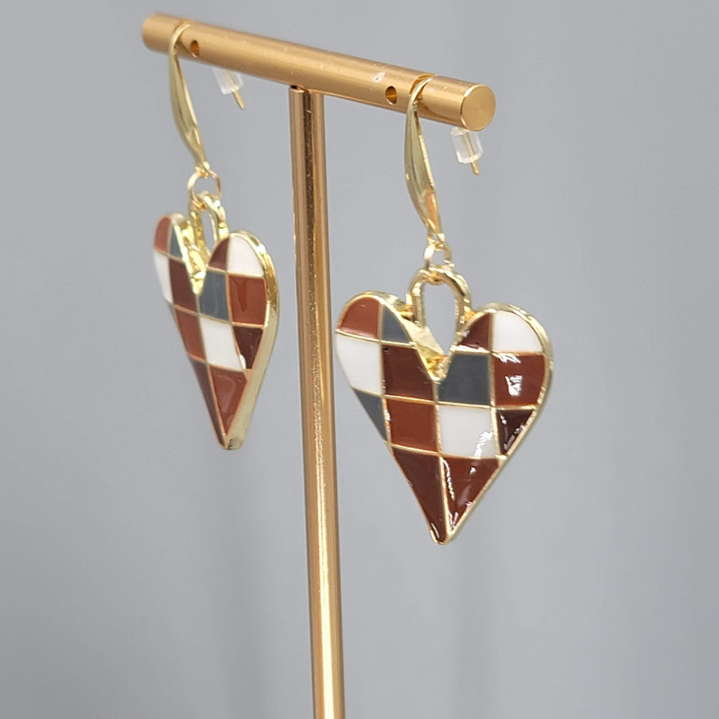 Brown Enamel Checkered Heart Pierced Earrings Gold tone Dangle Large 1.5"