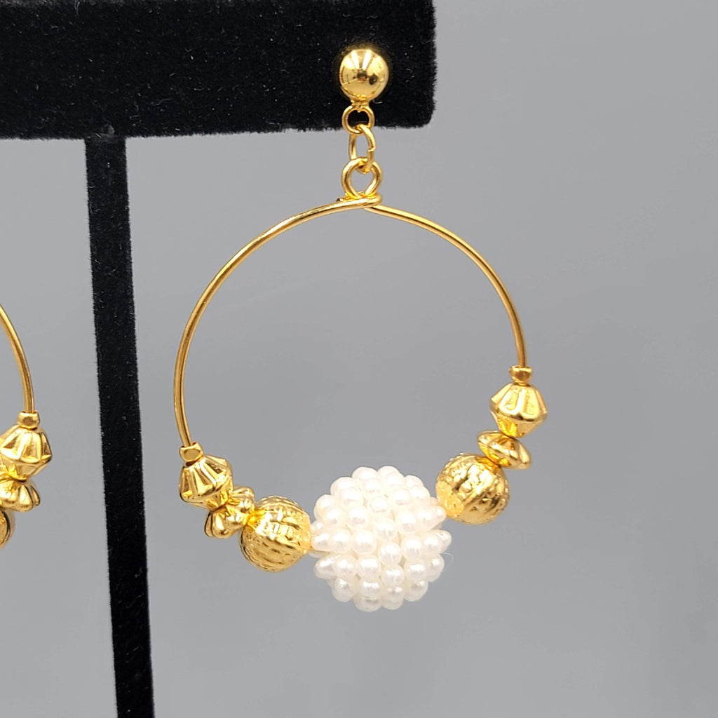 Beaded Hoops Pierced Earrings Gold tone Dangle 2"