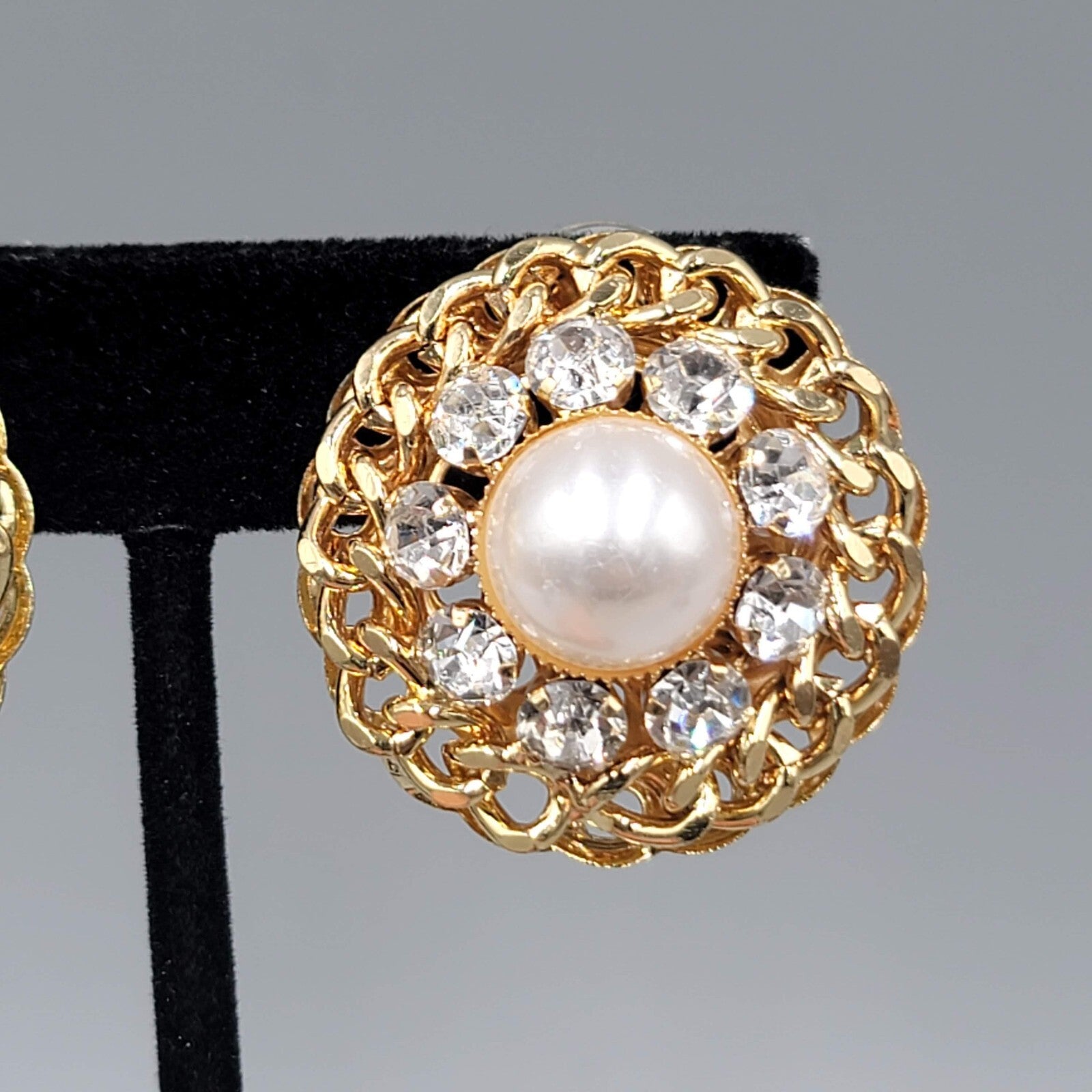 Vintage Clip on Earrings Gold tone Open Work Chain White Cabochon 1.25"