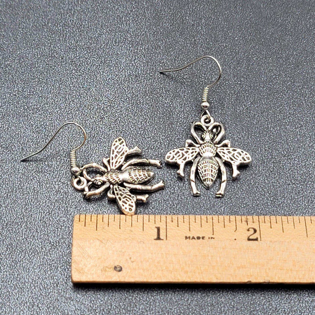 Bee Flying Insect Pierced Earrings Silver tone Dangle 1"