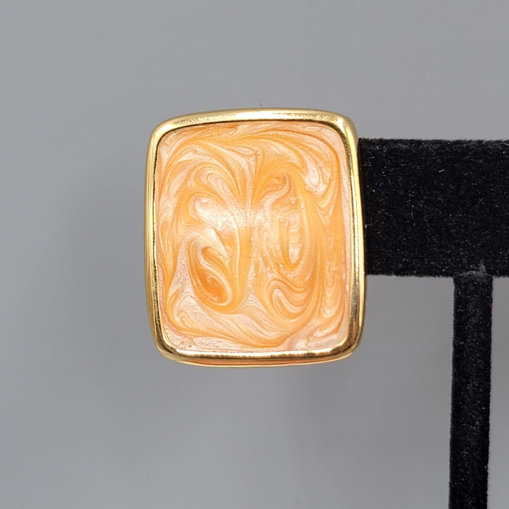 Vintage Monet Clip on Earrings Gold plated Rectangle Peach Swirl Enamel Drop 1"