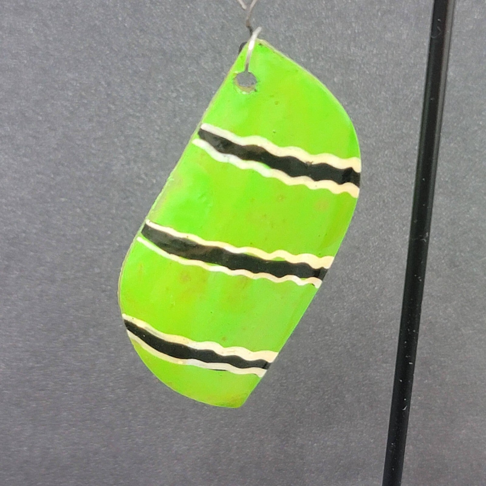 Pierced Earrings Silver tone Green Shell Hand Painted Dangle Acrylic 2.25"
