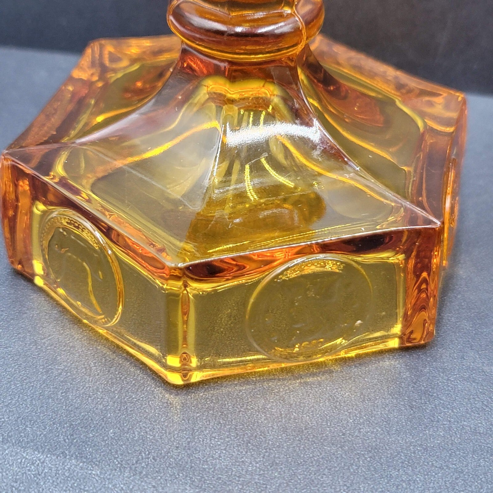 Pair Of Vintage Fostoria Amber Coin Glass Candle Stick Holders