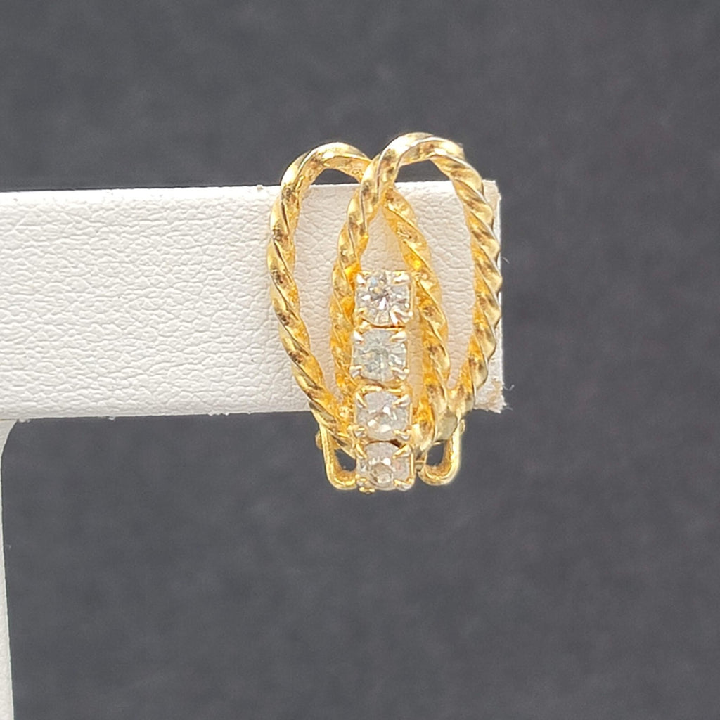 Vintage Clip on Earrings Textured Gold tone Rhinestone Drop 3/4"